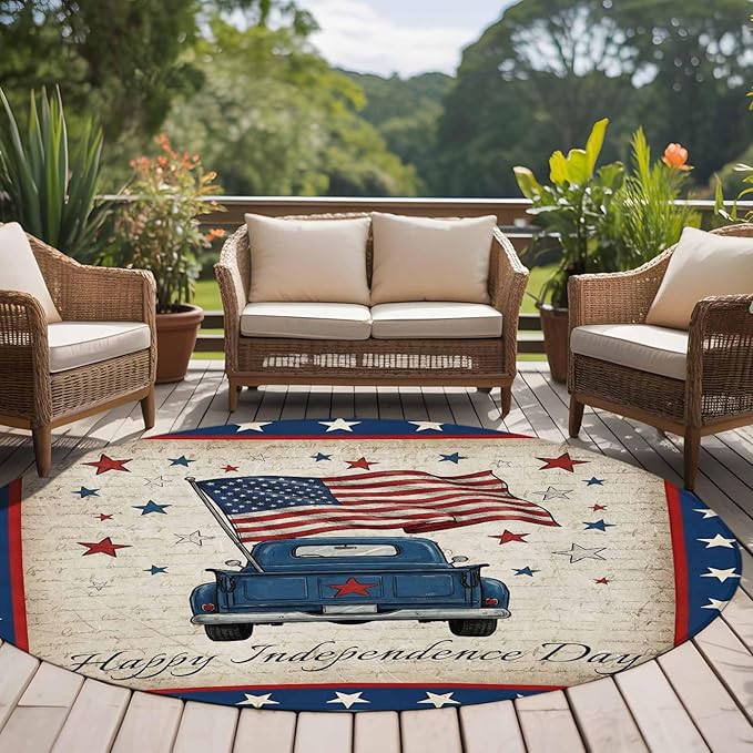 Washable Round Area Rug Happy Independence Day USA Flag Circle Rugs Floor Carpet for Living Room Bedroom, Retro Blue Truck Soft Non Slip Round Rug 5ft