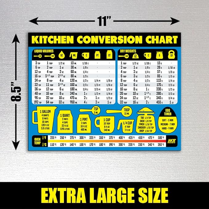 Kitchen Measurement Conversion Chart Magnet - Extra Large Easy to Read Magnetic Kitchen Decor - Weight, Liquid, Temperature Recipe Measuring Tool - Cooking, Cookbook & Baking Accessories Fridge Magnet