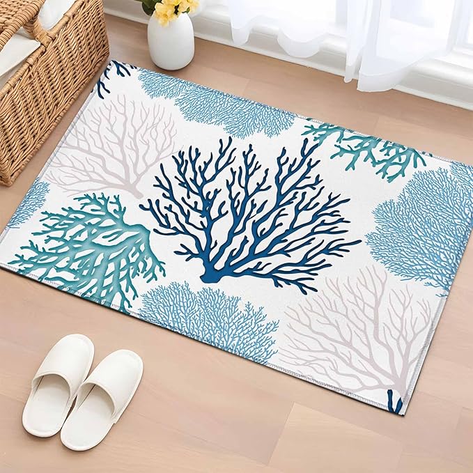 Area Rug 2x3ft, Classic Sea Blue Coral Washable Rugs for Living Room Bedroom, Abstract Marine Life Scenery Soft Non-Slip Area Rugs Rectangle Floor Carpet for Dining Room