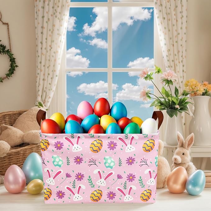 Kid Large Empty Easter Basket Personalized Fabric Bunny Easter Basket for Boy and Girl (Rabbit Easter Egg Pink)