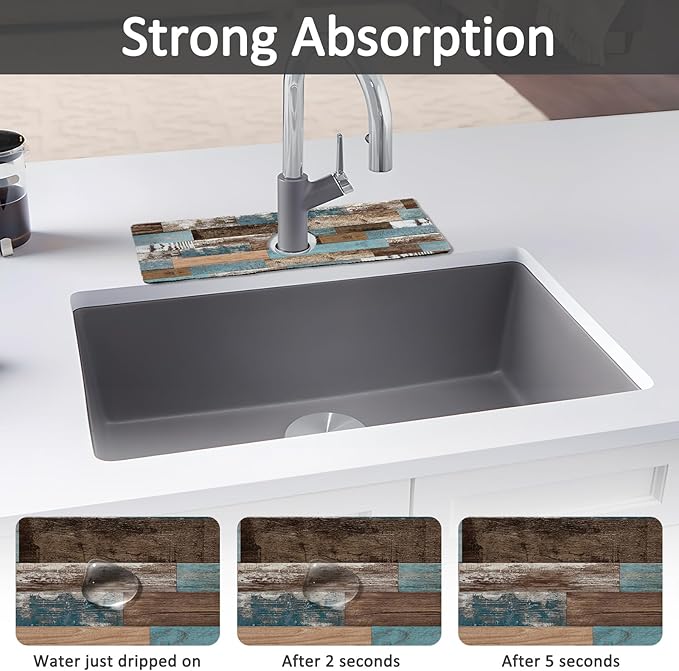 2PCS 15" X 5.5" Kitchen Sink Splash Guard Faucet Mat Wood Grain Super Absorbent Fast Drying Faucet Guard & Draining Mat Sink Splash Guard Behind Faucet for Kitchen, Bathroom