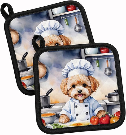 Caroline's Treasures Maltipoo The Chef Pair of Pot Holders Kitchen Heat Resistant Pot Holders Sets Oven Hot Pads for Cooking Baking BBQ, 7 1/2 x 7 1/2