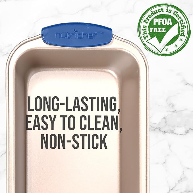 Non Stick Loaf Baking Pan, Deluxe Gold Carbon Steel Pan with Blue Silicone Handles, Quality Metal Bakeware For Cooking & Baking Cake Loaf, Muffins & More, Compatible with Model NCSBSG36