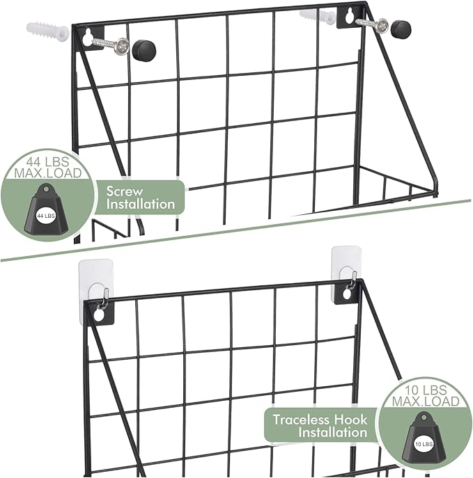Mail Holder Magazine Basket - 2 Pack Black Wall Mount File Organizer Rack of Wooden Style with Adhesive Mounting - Metal Wire Hanging Sorter for Document Folders Newspaper Clipboard Brochure Display