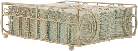 Boston International Paper Napkin Holder Caddy Dispenser for Kitchen Dining Buffet & Bar Countertops, 6.75" x 6.75" (Fits Lunch Size), Antique White Garden Gate