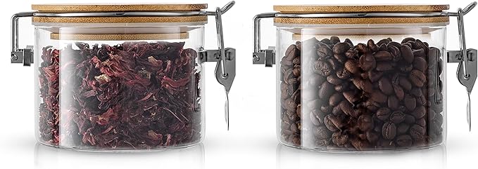JoyJolt Glass Jars With Bamboo Lids (12 fl oz). 2PC Set of Airtight Storage Jars with Clamp Lids for Pantry Food Storage. Air Tight Sealable Glass Canisters Containers for Kitchen Organization