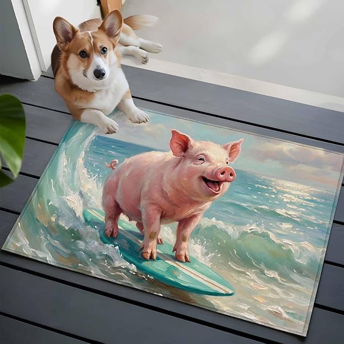 Area Rug 2x3ft, Surfing Farm Pink Pig Washable Rugs for Living Room Bedroom, Summer Blue Sea Wave Beach Soft Non-Slip Area Rugs Rectangle Floor Carpet for Dining Room