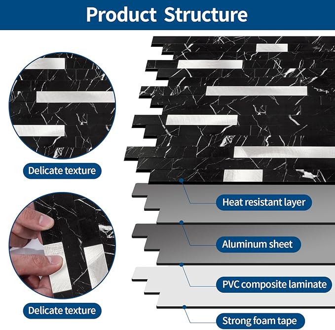 Yipscazo 20 Sheets Peel and Stick Stone Metal Tile Backsplash, Stick on Tiles for Backsplash Kitchen, Bathroom, Laundry Room, Camper, Fireplace (12'' X 12'', Pure Black)