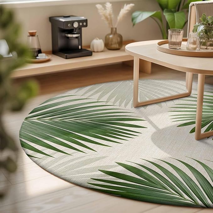 Washable Round Area Rug Rustic Sage Green Palm Leaves on Linen Circle Rugs Floor Carpet for Living Room Bedroom, Summer Plants Soft Non Slip Round Rug 3ft