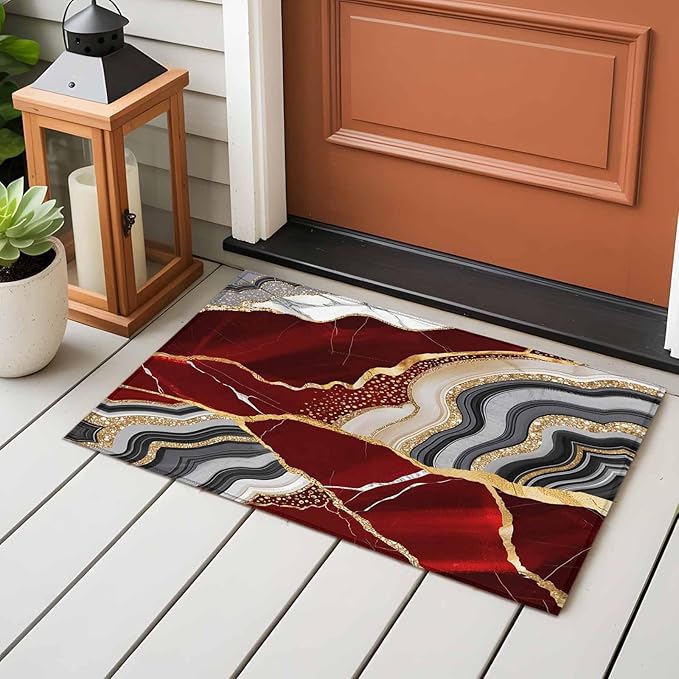 Area Rug 2x3ft, Abstract Flowing Marble Fluid Art Washable Rugs for Living Room Bedroom, Red and Gold Lines Soft Non-Slip Area Rugs Rectangle Floor Carpet for Dining Room