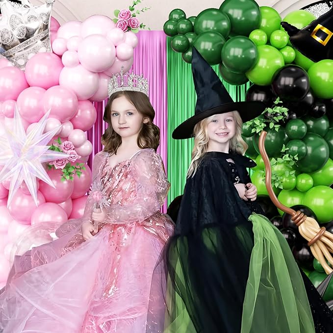 Pink and Green Balloon Arch Kit, 153Pcs Wick Party Decorations with Wick Balloons Arch and Foil Fringe Curtains for Princess Birthday Fairy Wonderlad Party Supplies