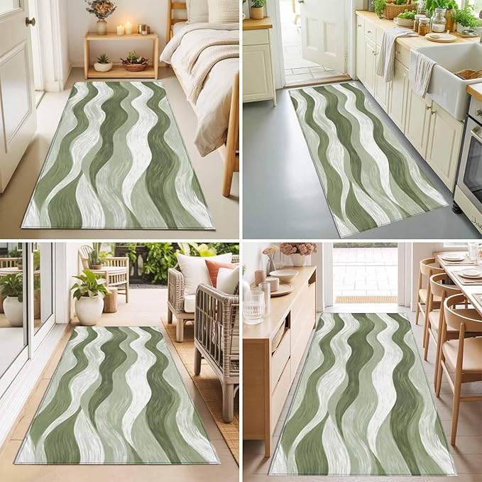 Runner Rug for Bedroom Hallway, Modern Sage Green Gradient Stripe Kitchen Runner Rugs Area Rug 2x6ft, Abstract Ocean Wave Washable Soft Floor Carpet for Entryway Stair