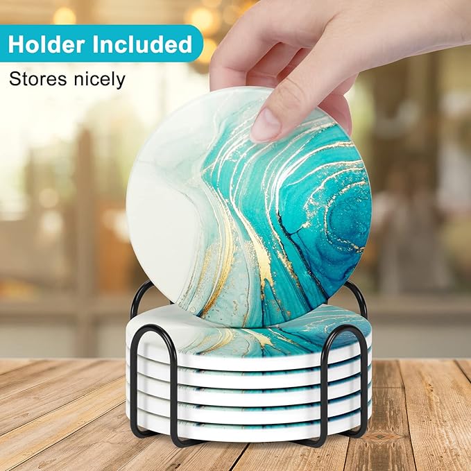 Nipichsha Coasters for Drinks, Set of 6 Cute Absorbent Ceramic Drink Coasters for Cup with Holder and Cork Base, Kitchen Home Decor Housewarming Gift, Round 4 in, Gold Teal Ocean