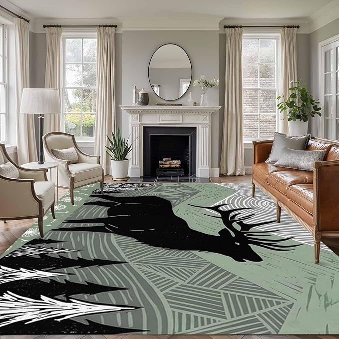 Area Rug 9x12ft, Black Wildlife Elk Washable Rugs for Living Room Bedroom Rectangle Floor Carpet, Bohemian Green Mountain Peaks Soft Non-Slip Area Rugs for Dining Room