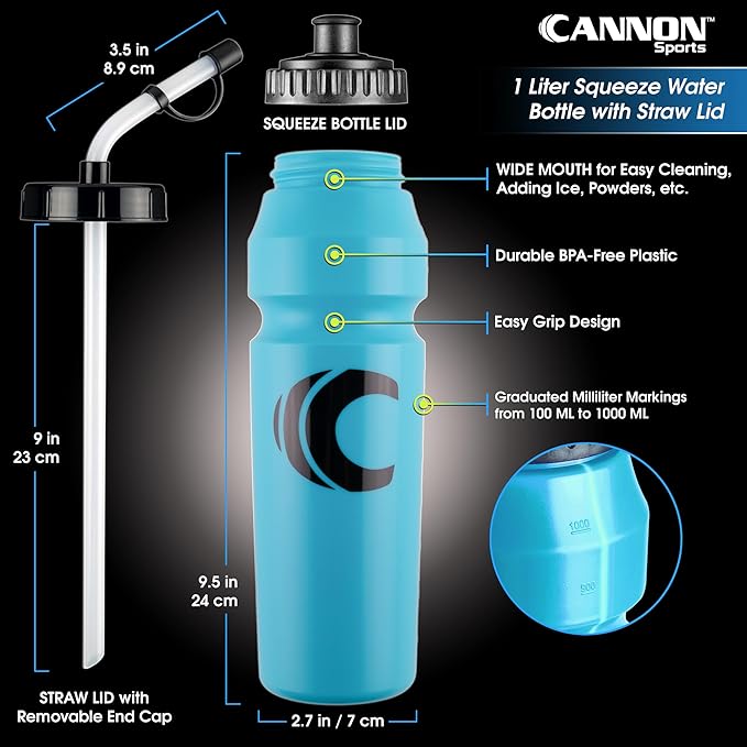 Cannon Sports 1 Liter Sports Water Bottle, BPA-Free, 34 Oz Capacity, Large Mouth, 2 lids (Straw and Squeeze), Great For Helmet Sports Such As Hockey, Lacrosse, Football, Boxing (Light Blue)