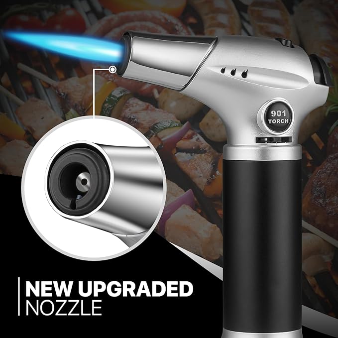 mollie Mini Butane Torch Lighter with Adjustable Flame, Small Refillable Kitchen Cooking Blow Torch for Creme Brulee, Windproof Baking Torch with Safety Lock, Silver (Butane Gas Not Included)