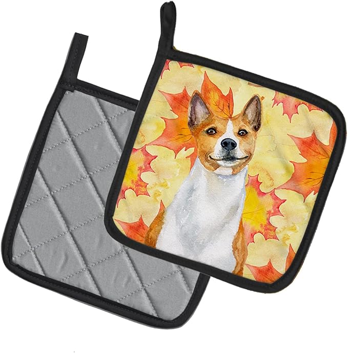 Caroline's Treasures BB9953PTHD Basenji Fall Pair of Pot Holders, Yellow Kitchen Heat Resistant Pot Holders Sets Oven Hot Pads for Cooking Baking BBQ, 7 1/2 x 7 1/2