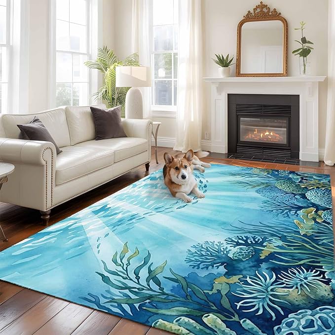 Area Rug 6x9ft, Underwater World Coral Seaweed Washable Rugs for Living Room Bedroom, Seafloor Ocean Life Fish Soft Non-Slip Area Rugs Rectangle Floor Carpet for Dining Room