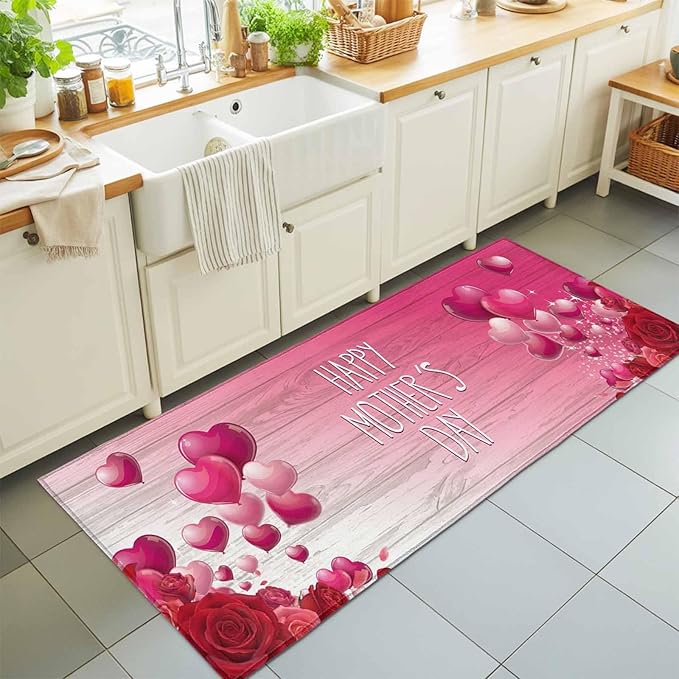 Runner Rug for Bedroom Hallway, Mother's Day Love Balloon Rose Kitchen Runner Rugs Area Rug 2x6ft, Gradient Pink Wood Grain Washable Soft Floor Carpet for Entryway Stair