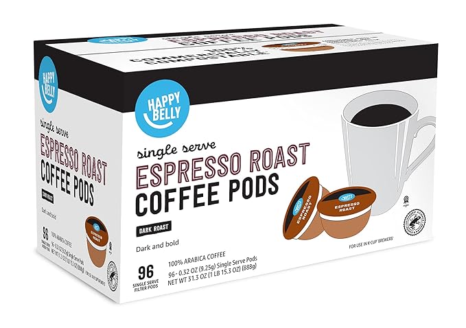 Amazon Brand - Happy Belly Espresso Roast Compostable Coffee Pods (Dark Roast), Compatible with K-Cup Brewer, 96 Count