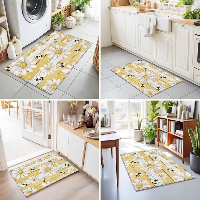 Area Rug 2x3ft, Summer Rustic Daisy Flower Bee Washable Rugs for Living Room Bedroom, Blossom Floral Yellow Wooden Soft Non-Slip Area Rugs Rectangle Floor Carpet for Dining Room