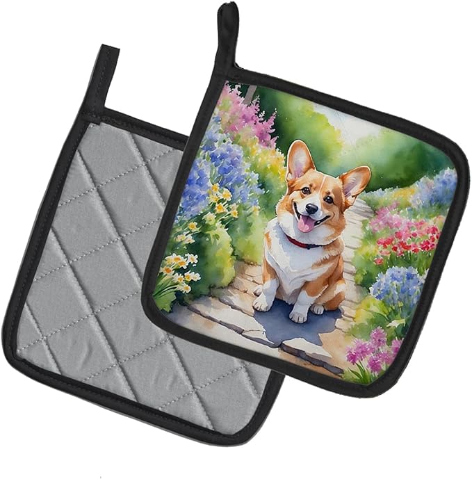 Caroline's Treasures Corgi Spring Path Pair of Pot Holders Kitchen Heat Resistant Pot Holders Sets Oven Hot Pads for Cooking Baking BBQ, 7 1/2 x 7 1/2