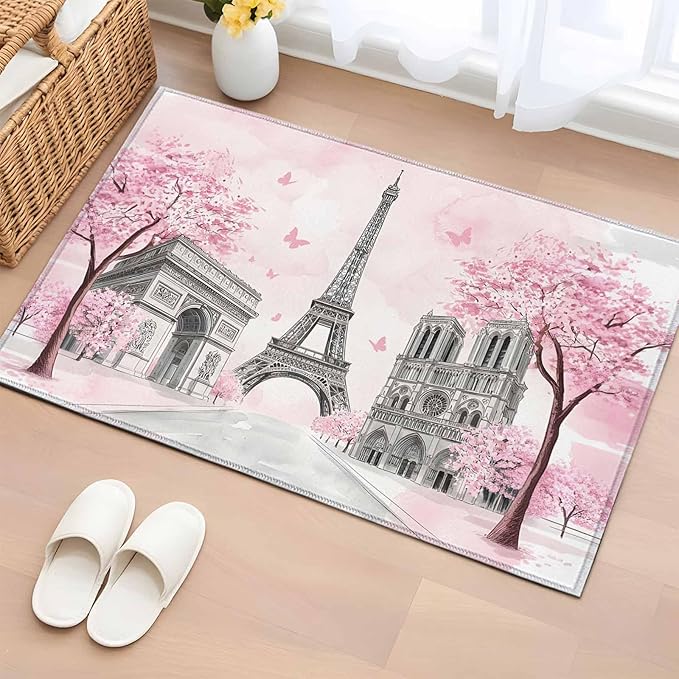 Area Rug 2x3ft, Modern Pink Flower Paris Landmarks Washable Rugs for Living Room Bedroom, Towel Architecture Soft Non-Slip Area Rugs Rectangle Floor Carpet for Dining Room