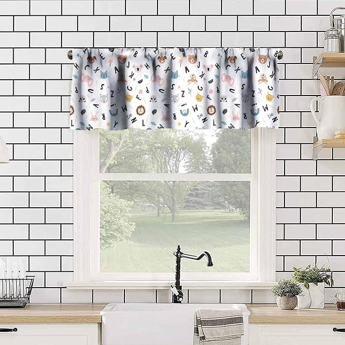 Animal Alphabet Valance, Kids Cartoon ABC Educational Learning Short Window Treatment for Kitchen Bedroom Nursery Classroom School, 54x18Inch