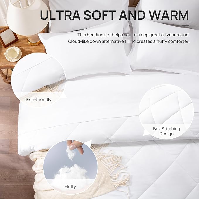 Love's cabin Twin Comforter Set White, 5 Pieces Twin Bed in a Bag, All Season Bedding Sets with 1 Comforter, 1 Flat Sheet, 1 Fitted Sheet, 1 Pillowcase and 1 Pillow Sham | Soft, Breathable, Lightweight, Comfortable