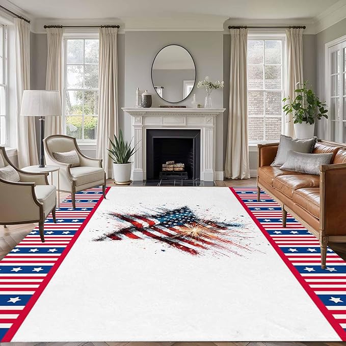 Area Rug 9x12ft, 4th of July Stars Stripes Abstract Flag Washable Rugs for Living Room Bedroom Rectangle Floor Carpet, Patriotic Theme Soft Non-Slip Area Rugs for Dining Room