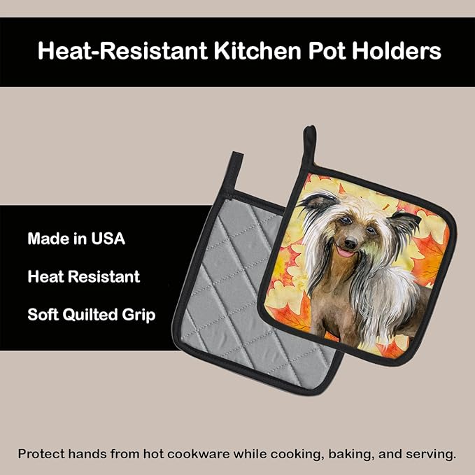 Caroline's Treasures BB9920PTHD Chinese Crested Fall Pair of Pot Holders, Yellow Kitchen Heat Resistant Pot Holders Sets Oven Hot Pads for Cooking Baking BBQ, 7 1/2 x 7 1/2