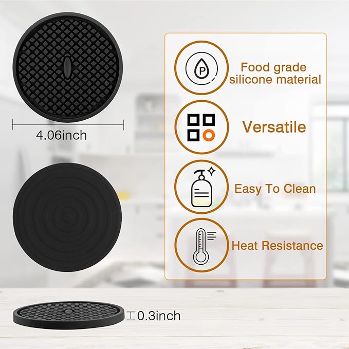 Silicone Coasters for Drinks, Non‑Slip Spill‑Proof Heat Resistant Drink Coasters 2-Piece Set, Reusable Washable Table Protection for Home Decor Kitchen Office, Bar(2Pack,Black)