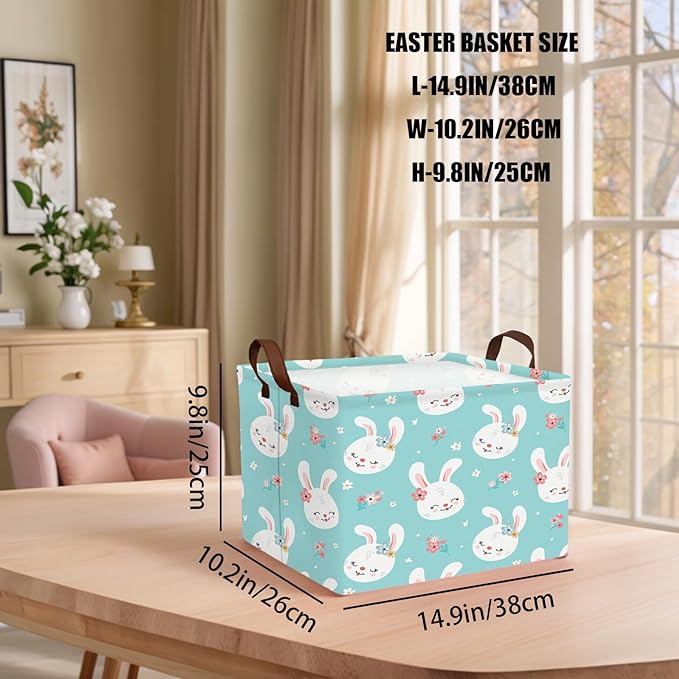 Kid Large Empty Easter Basket Gift Personalized Fabric Bunny Easter Basket for Boy and Girl Room Decor Storage Bin (Happy Rabbit Flower Blue)