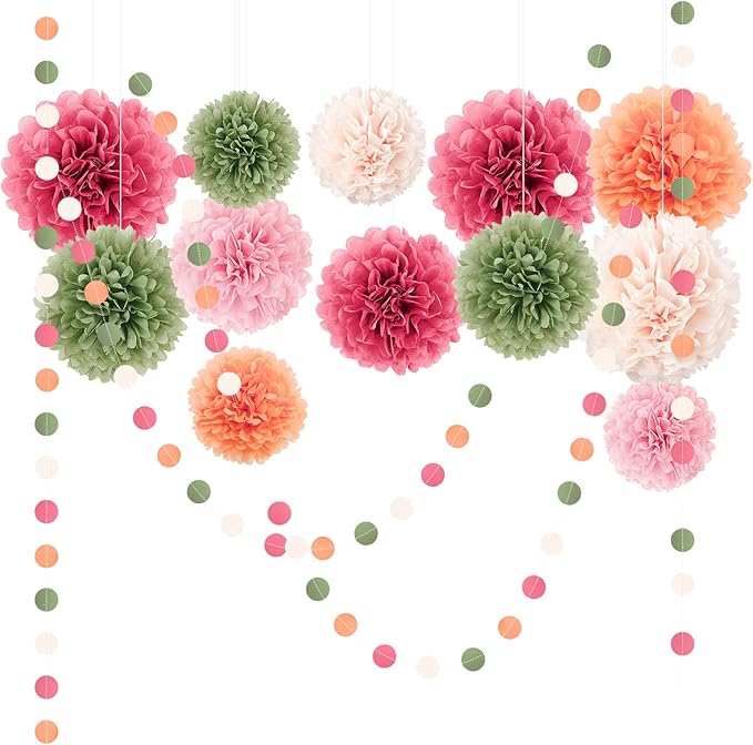 NICROLANDEE Wedding Party Decorations - 15Pcs Pink, Sage Green, Ivory Tissue Paper Pom Pom for Birthday Pastel Decorations, Engagement Baby/Bridal Shower Anniversary Valentine Dot Paper Backdrop Decor