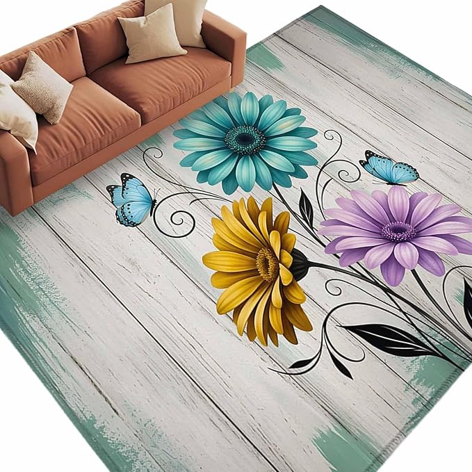 Area Rug 9x12ft, Farm Flower Daisy Retro Wood Barn Washable Rugs for Living Room Bedroom Rectangle Floor Carpet, Blossom Flower Butterfly Soft Non-Slip Area Rugs for Dining Room