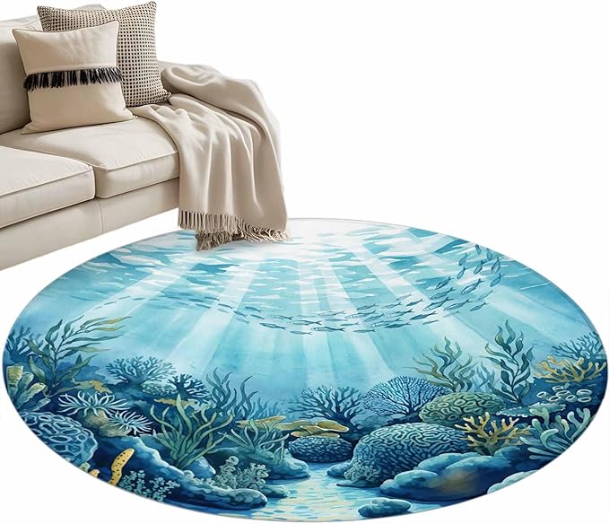 Washable Round Area Rug Underwater World Coral Seaweed Circle Rugs Floor Carpet for Living Room Bedroom, Seafloor Ocean Life Fish Soft Non Slip Round Rug 4ft