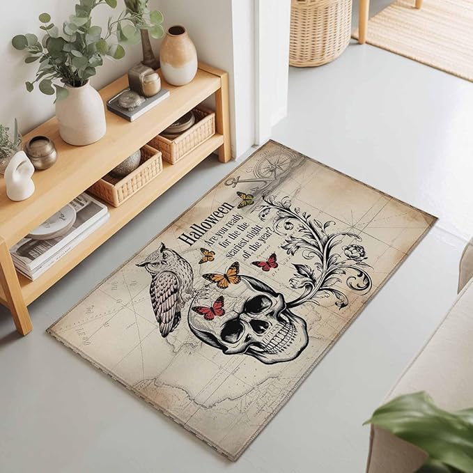 Area Rug 2x3ft, Halloween Skull Owls on Vintage Washable Rugs for Living Room Bedroom, Retro Butterflies Flower Soft Non-Slip Area Rugs Rectangle Floor Carpet for Dining Room
