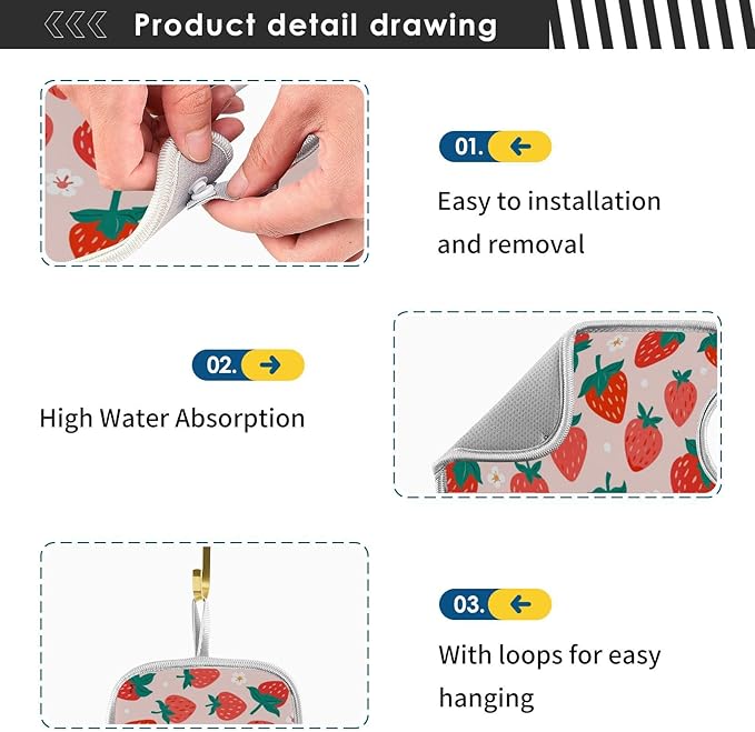 Kitchen Faucet Absorbent Mat,Strawberry Summer Berry Water Splash Guard for Sink, Faucet Drip Catcher Thicken Sponge Microfiber Faucet Water Catcher Mat Sink Absorbent Mat for Kitchen 30x5in 2 Pack