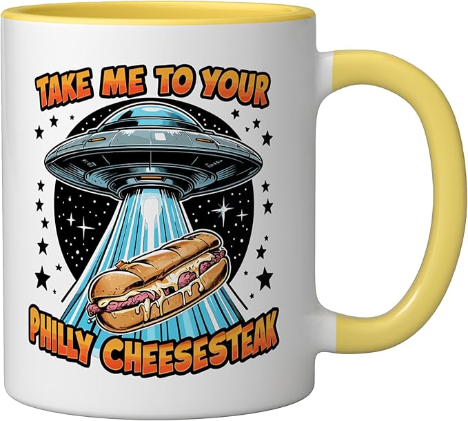 Take Me to Your Philly Cheesesteak UFO Philly Cheesesteak Ceramic Mug, Yellow/White