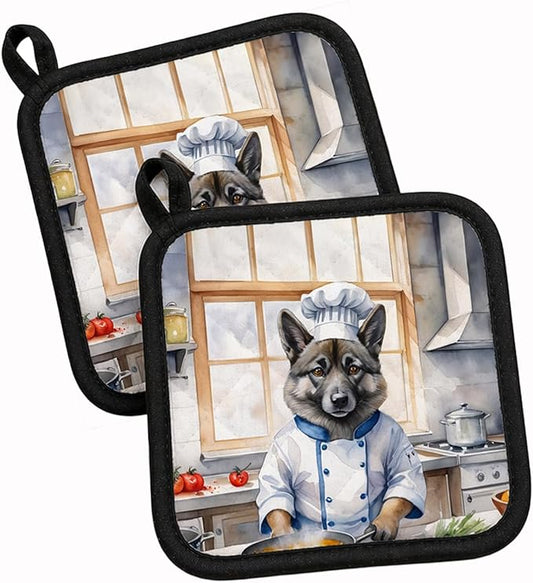 Caroline's Treasures Norwegian Elkhound The Chef Pair of Pot Holders Kitchen Heat Resistant Pot Holders Sets Oven Hot Pads for Cooking Baking BBQ, 7 1/2 x 7 1/2
