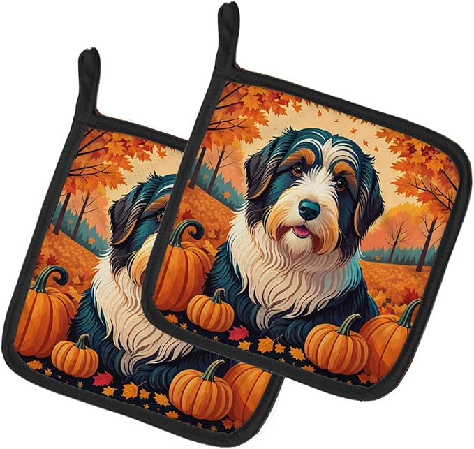 Caroline's Treasures DAC1015PTHD Bearded Collie Fall Pair of Pot Holders Kitchen Heat Resistant Pot Holders Sets Oven Hot Pads for Cooking Baking BBQ, 7 1/2 x 7 1/2