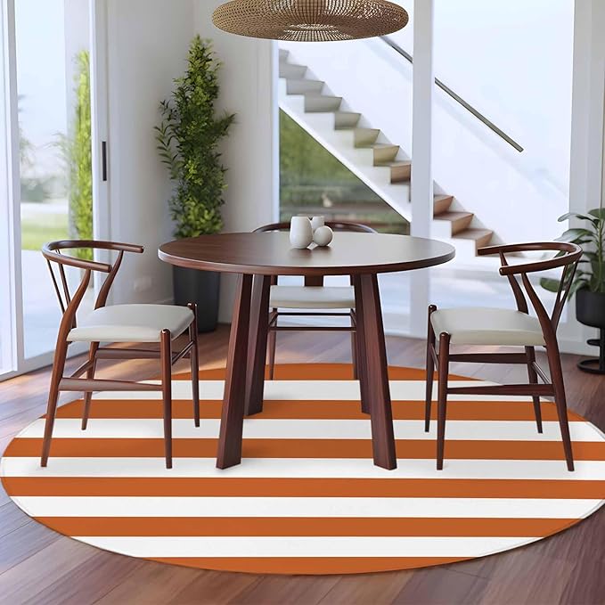 Washable Round Area Rug Farmhouse Classic Stripes Circle Rugs Floor Carpet for Living Room Bedroom, Orange White Soft Non Slip Round Rug 5ft