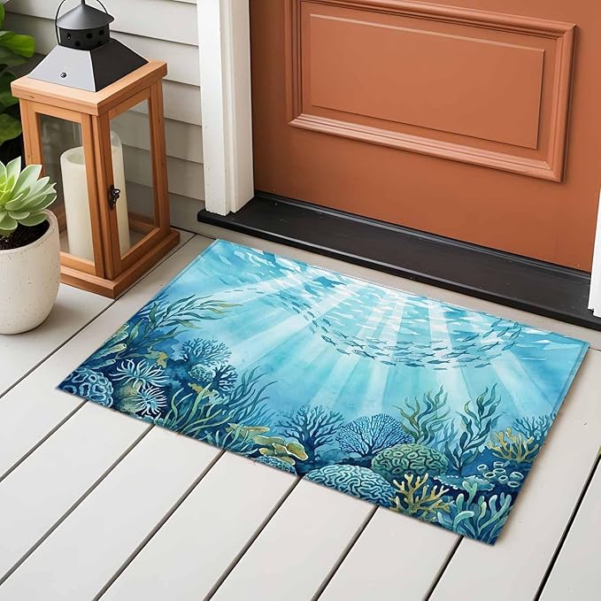 Area Rug 2x3ft, Underwater World Coral Seaweed Washable Rugs for Living Room Bedroom, Seafloor Ocean Life Fish Soft Non-Slip Area Rugs Rectangle Floor Carpet for Dining Room