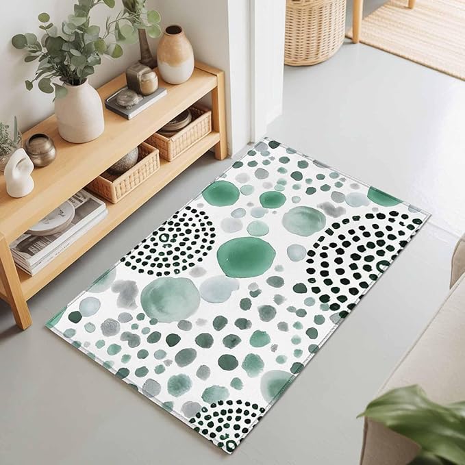 Area Rug 2x3ft, Abstract Teal Circles Washable Rugs for Living Room Bedroom, Sage Green Geometric Round Soft Non-Slip Area Rugs Rectangle Floor Carpet for Dining Room