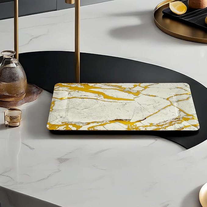 Elegant Marble Gold Loaf Rectangular Disposable Paper Platter - 16" x 7" (Pack of 3) - Perfect for Serving Bread, Cakes, & Desserts at Special Events