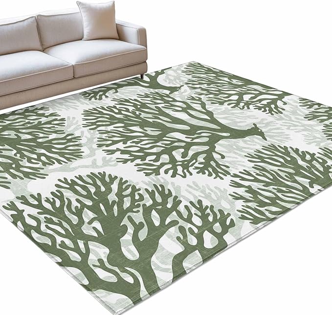 Area Rug 3x5ft, Deep Forest Green Corals Washable Rugs for Living Room Bedroom, Retro Marine Life Soft Non-Slip Area Rugs Rectangle Floor Carpet for Dining Room