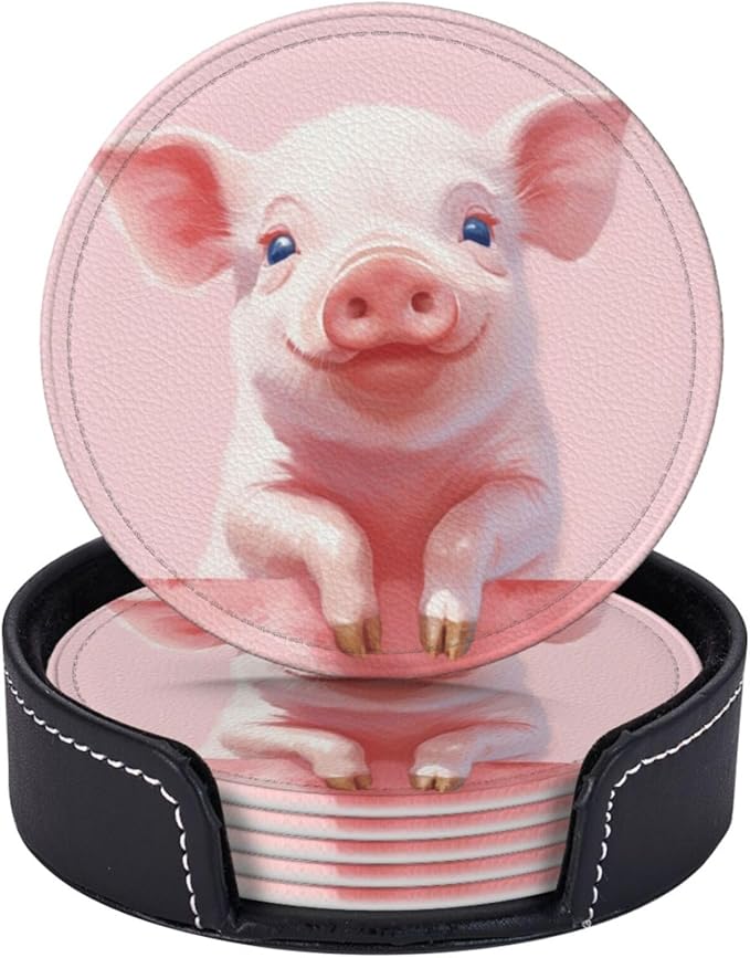 Famame 6 Pcs Pig Feet on Wall Leather Coasters for Drinks with Holder Coaster Sets Drink Table Cup Coasters for Living Room Kitchen Coffee Decor