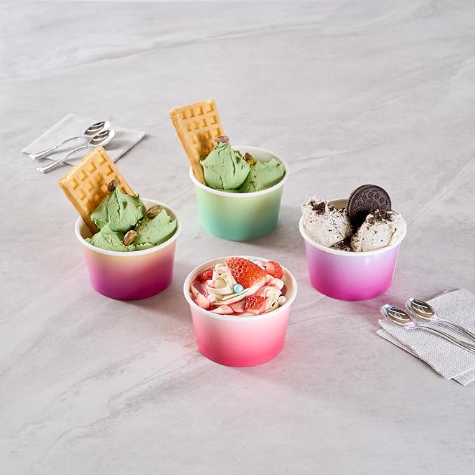 Restaurantware Paper Cups 200 Count 8 Ounce Square Disposable Ice Cream Containers, Leak-Resistant Paper Dessert To Go Cups, Hot And Cold Food, Durable Assorted Ombre Design