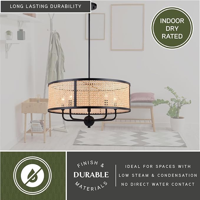 VAXCEL Berens 5 Light Matte Black Modern Farmhouse Drum Pendant Fixture with Rattan Cane Shade