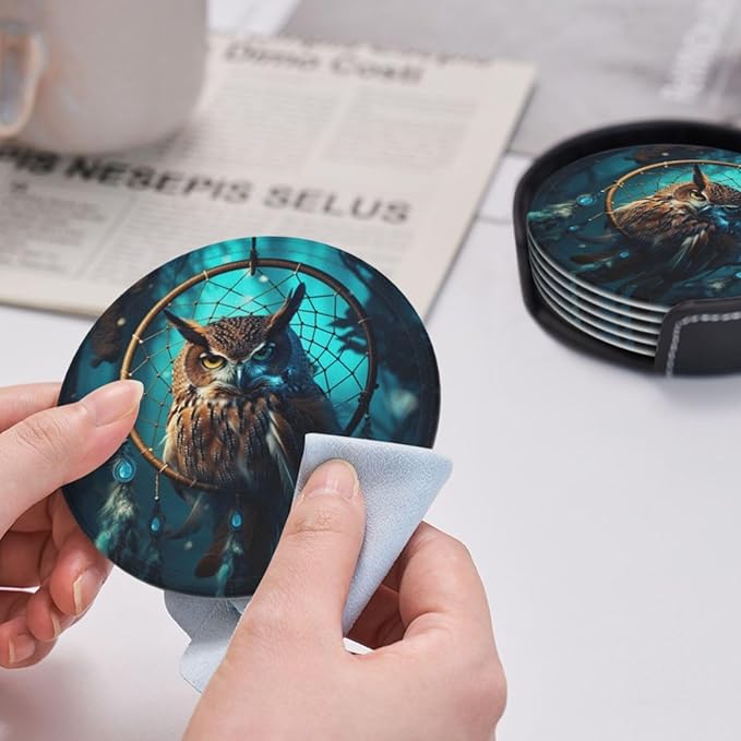 Famame 6 Pcs Owl Vintage Dream Catcher Leather Coasters for Drinks with Holder Coaster Sets Drink Table Cup Coasters for Living Room Kitchen Coffee Decor